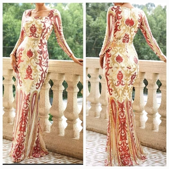 Dresses & Skirts - Red, Baroque Print, Square Neck, Long Sleeved, Sequined Mermaid Gown